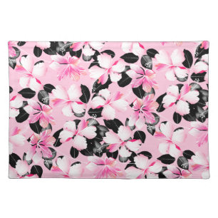 Pink hibiscus with black leaves cloth placemat
