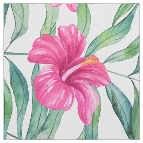 Pink hibiscus with green leaves tropical pattern fabric