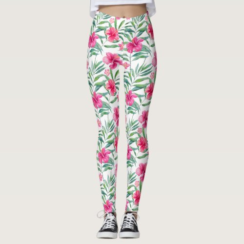 Pink hibiscus with leaves tropical pattern leggings