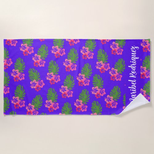 Pink Hibiscus With Monstera Pattern Custom Name Beach Towel