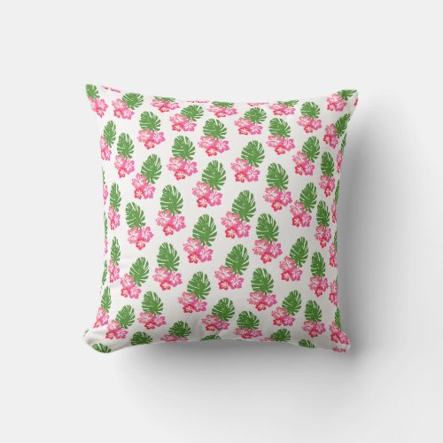 Pink Hibiscus With Monstera Pattern White Outdoor Throw Pillow