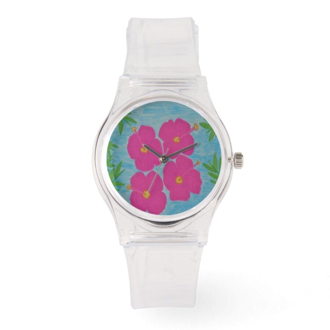 Pink Hibiscus Wrist Watch (Front)