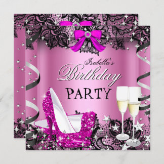 Pink High Heel Champagne Black Lace Birthday Party Invitation