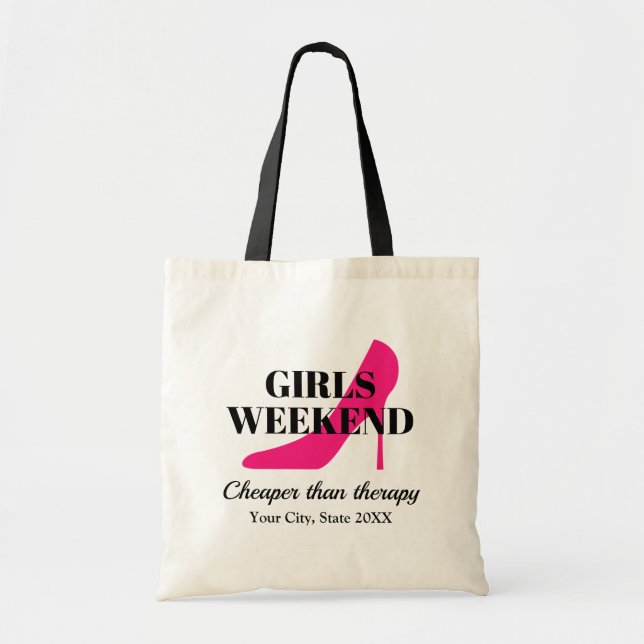 Pink high heel shoes girls weekend trip tote bag (Front)
