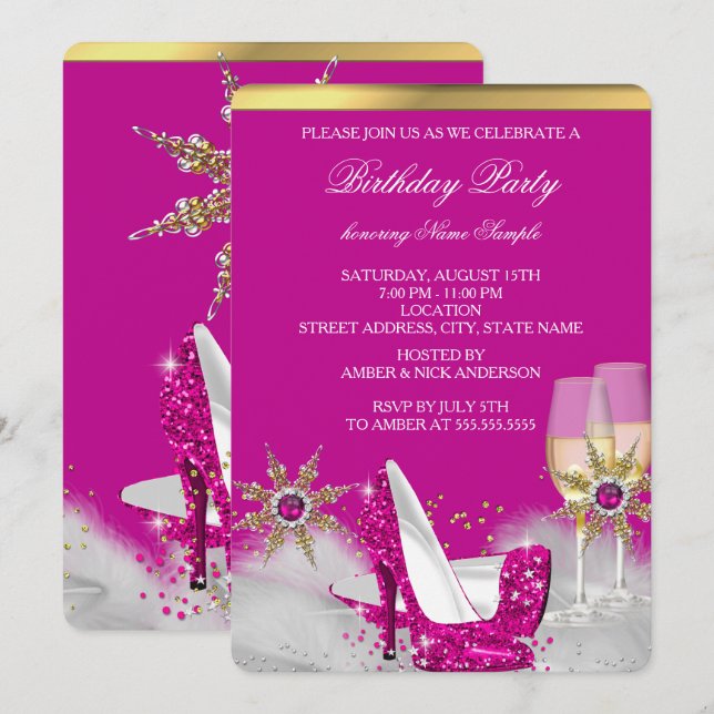 Pink High Heel Shoes Silver Gold Champagne Party 2 Invitation (Front/Back)
