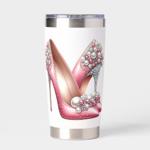 PINK HIGH HEEL SHOES WITH PINK & WHITE PEARLS INSULATED TUMBLER