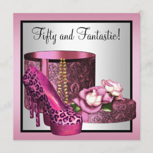 Pink High Heel Shoes Womans Leopard 50th Birthday Invitation