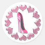 Pink High Heel Stiletto Shoe Art &amp; Hearts Classic Round Sticker at Zazzle