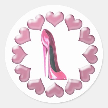 Pink High Heel Stiletto Shoe Art & Hearts Classic Round Sticker by shoe_art at Zazzle