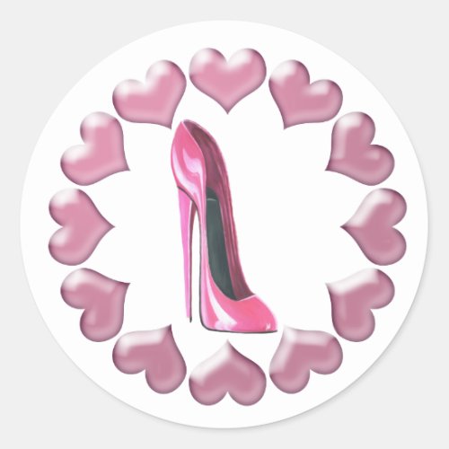 Pink High Heel Stiletto Shoe Art  Hearts Classic Round Sticker