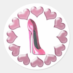 Pink High Heel Stiletto Shoe Art & Hearts Classic Round Sticker