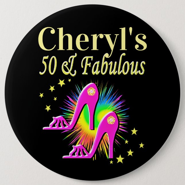 PINK HIGH HEELS PERSONALIZED 50TH BIRTHDAY BUTTON (Front)