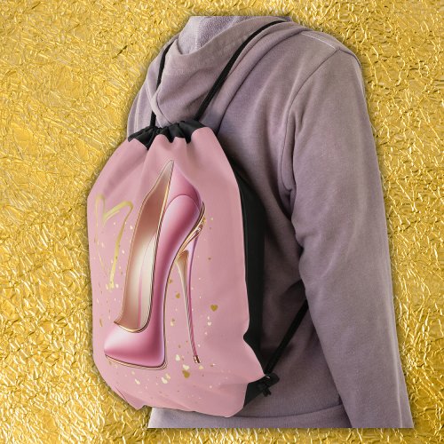 Pink high heels with gold hearts  drawstring bag