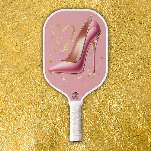 Pink high heels with gold hearts  pickleball paddle