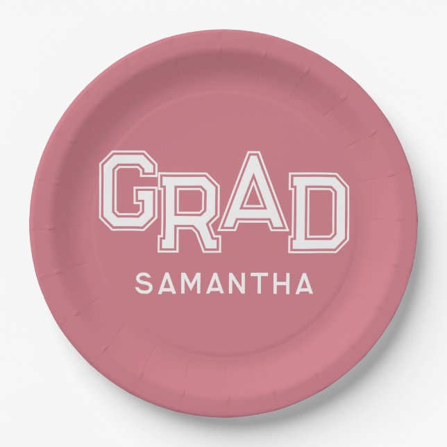 Pink High School Grad Custom Name Graduation Paper Plates (Front)