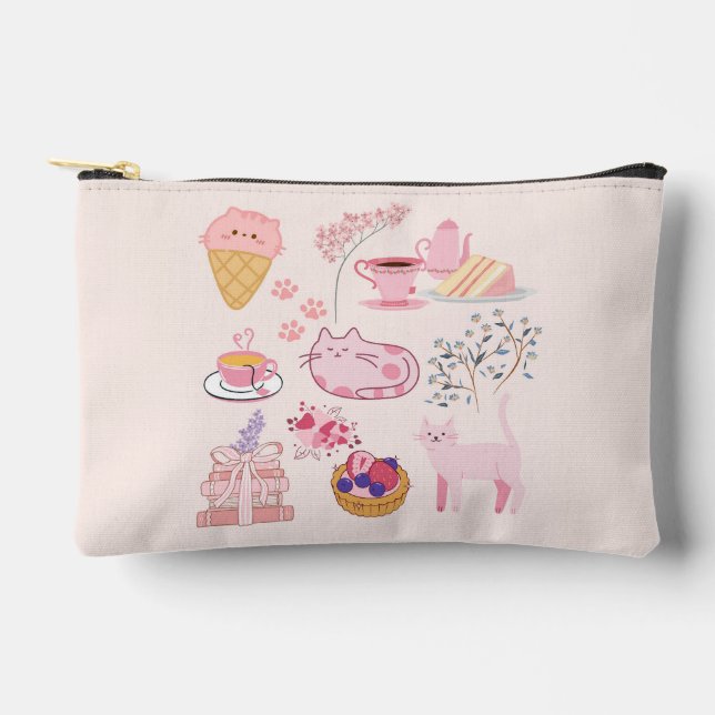Pink High Tea Cats Accessory Pouch (Front)