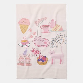 Pink High Tea Cats Kitchen Towel