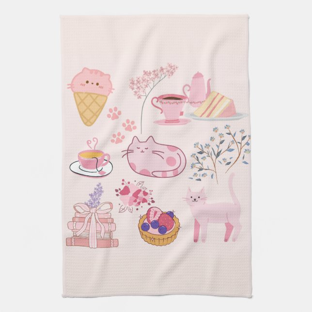 Pink High Tea Cats Kitchen Towel (Vertical)
