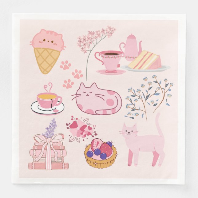 Pink High Tea Cats Paper Dinner Napkins (Front)