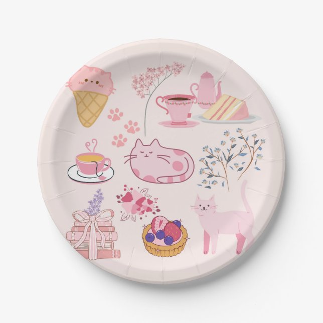 Pink High Tea Cats Paper Plates (Front)