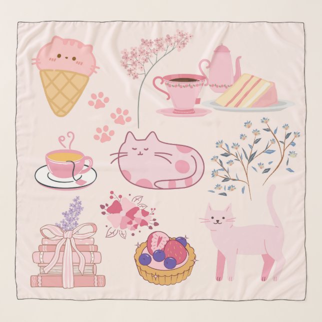 Pink High Tea Cats Scarf (Front)