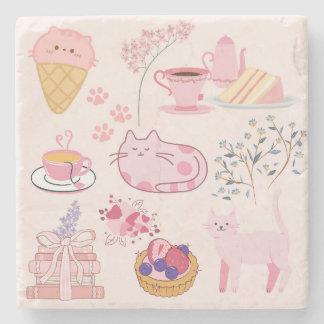 Pink High Tea Cats Stone Coaster