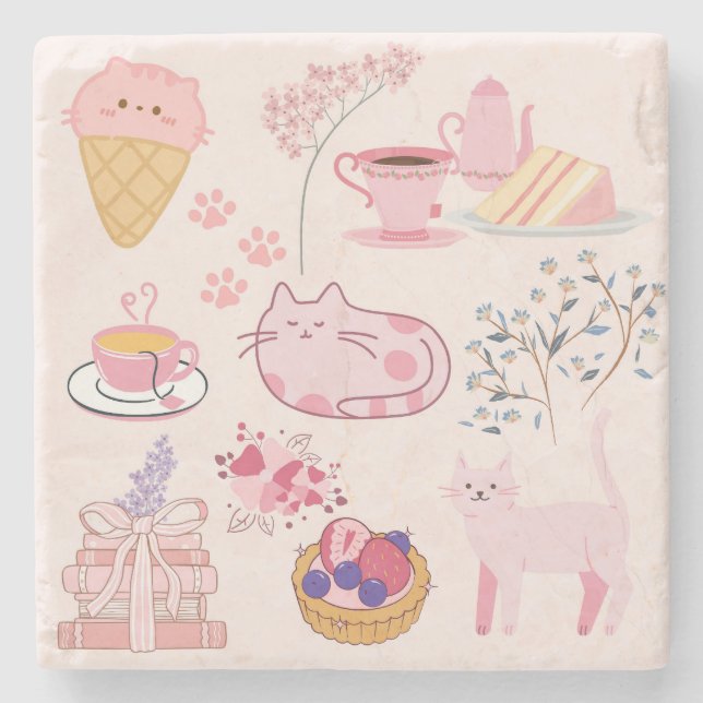 Pink High Tea Cats Stone Coaster (Front)