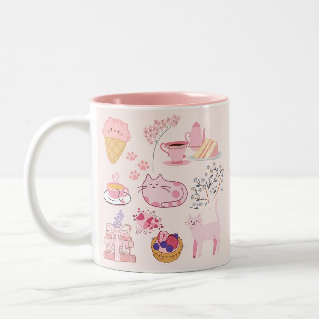Pink High Tea Cats Two-Tone Coffee Mug (Left)