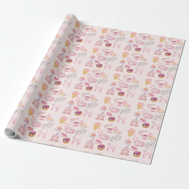  Pink High Tea Cats Wrapping Paper (Unrolled)