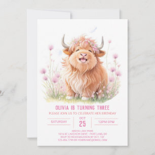 Pink Highland Cow Adventure Girl Birthday Invitation