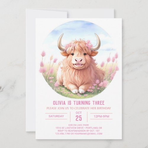 Pink Highland Cow Adventure Girl Birthday Invitation