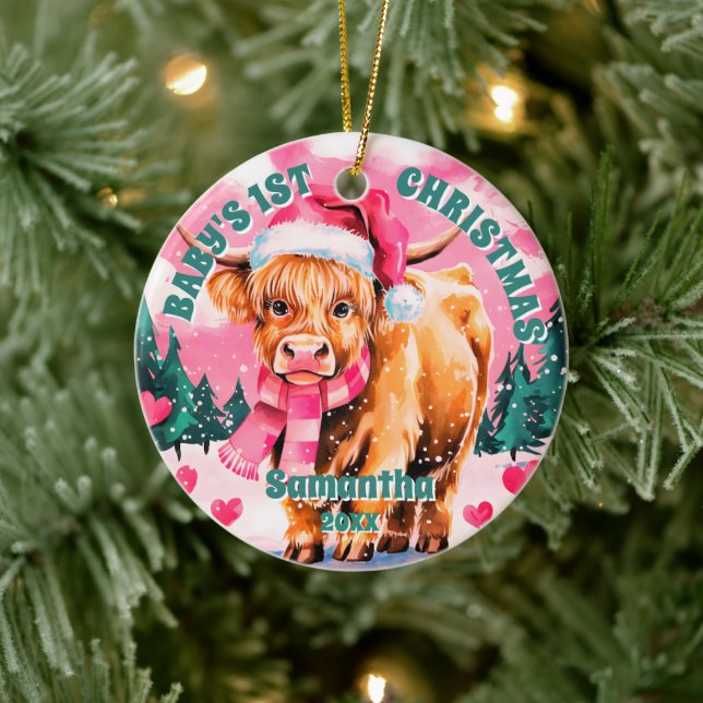 Pink Highland Cow Baby 1st Christmas Photo Ceramic Ornament (Tree)