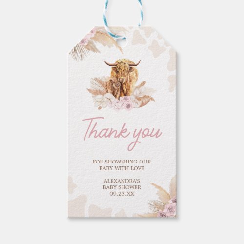 Pink Highland Cow Baby Shower Favor Tags