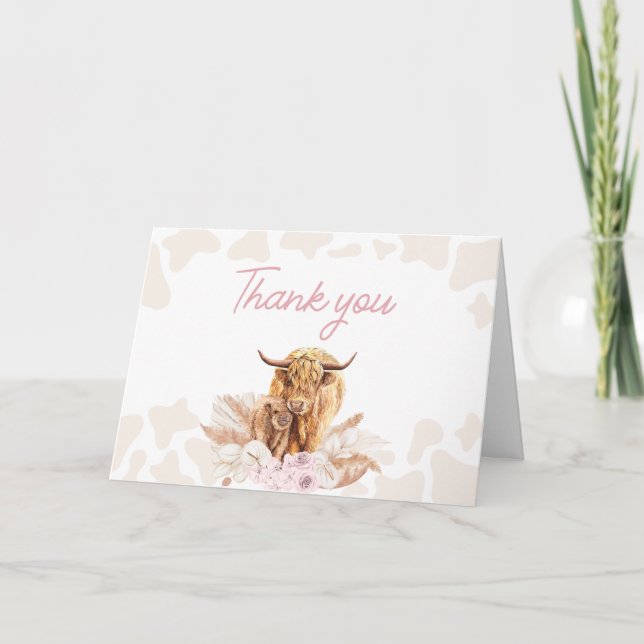 Pink Highland Cow Baby Shower  Thank You Card (Front)