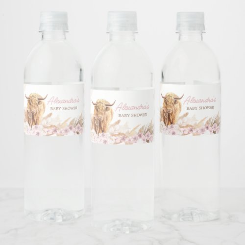 Pink Highland Cow Baby Shower  Water Bottle Label