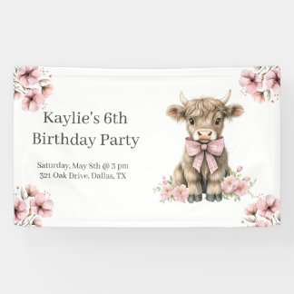 Pink Highland Cow Birthday Party Banner