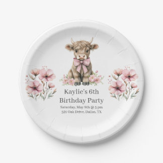 Pink Highland Cow Birthday Party Paper Plates