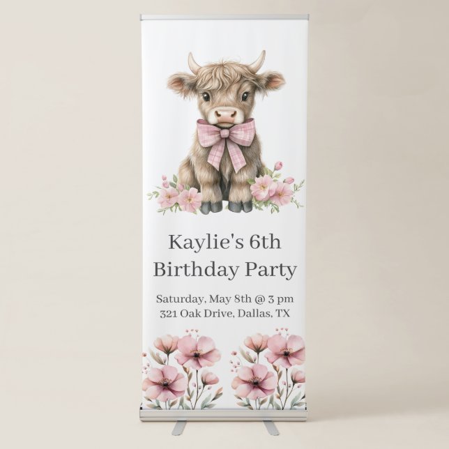 Pink Highland Cow Birthday Party Retractable Banner (Front)