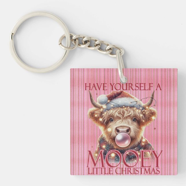Pink-Highland Cow-Cute Cow-Christmas-Mooey Keychain (Front)