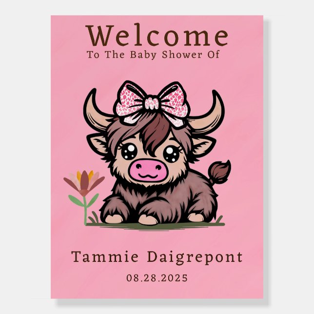 Pink Highland Cow Girl Baby Shower Welcome Sign (Front)