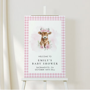 Pink Highland Cow Girl Baby Shower Welcome Sign