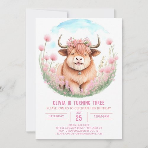 Pink Highland Cow Girls Birthday Invitation