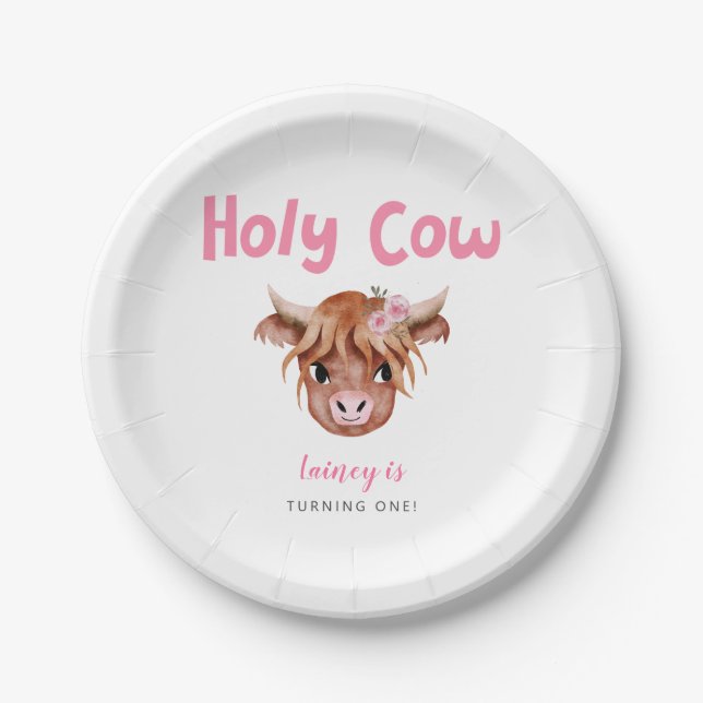 Pink Highland Cow Girl's Birthday Party  Paper Plates (Front)