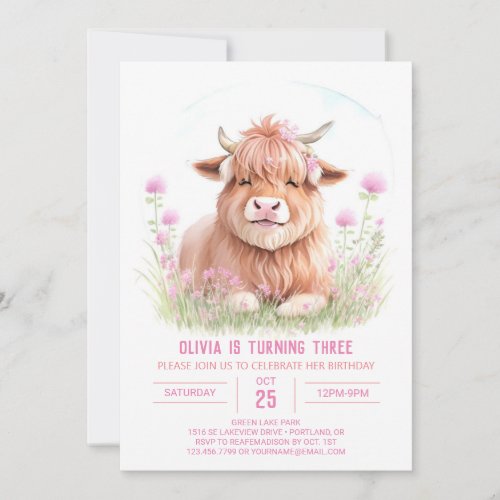  Pink Highland Cow Meadow Magic Birthday Invitation