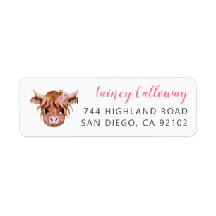 Pink Highland Cow Return Address Label
