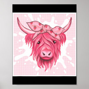 Pink Highland Cow Strawberry Esthetic Cottagecore Poster