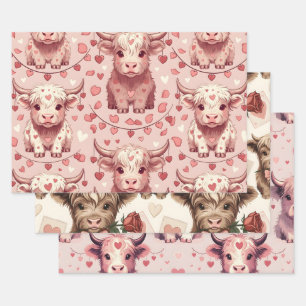 Pink Highland Cow Valentine Hearts Roses Wrapping Paper Sheets
