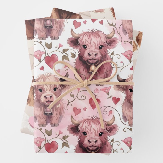 Pink Highland Cow Valentine Hearts Wrapping Paper Sheets (In situ)