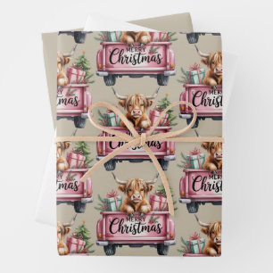 Pink Highland Cow Xmas Girly Fluffy Cow In Truck Wrapping Paper Sheets