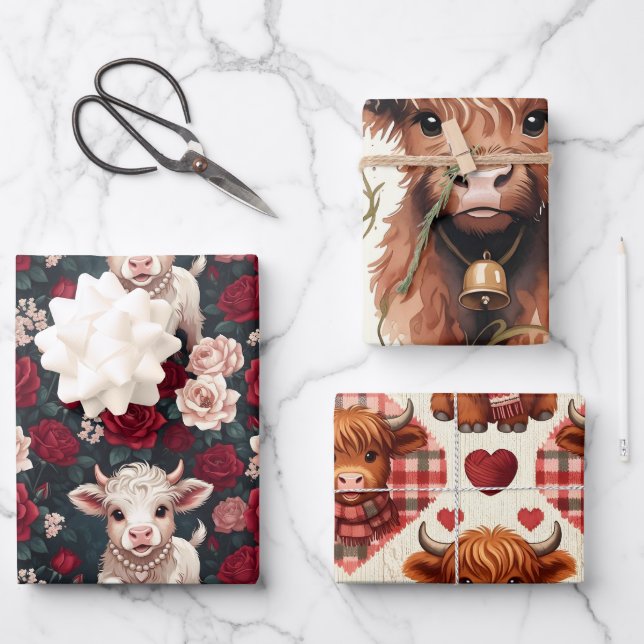 Pink Highland Cow Yarn Rose Knitter Wrapping Paper Sheets (Front)